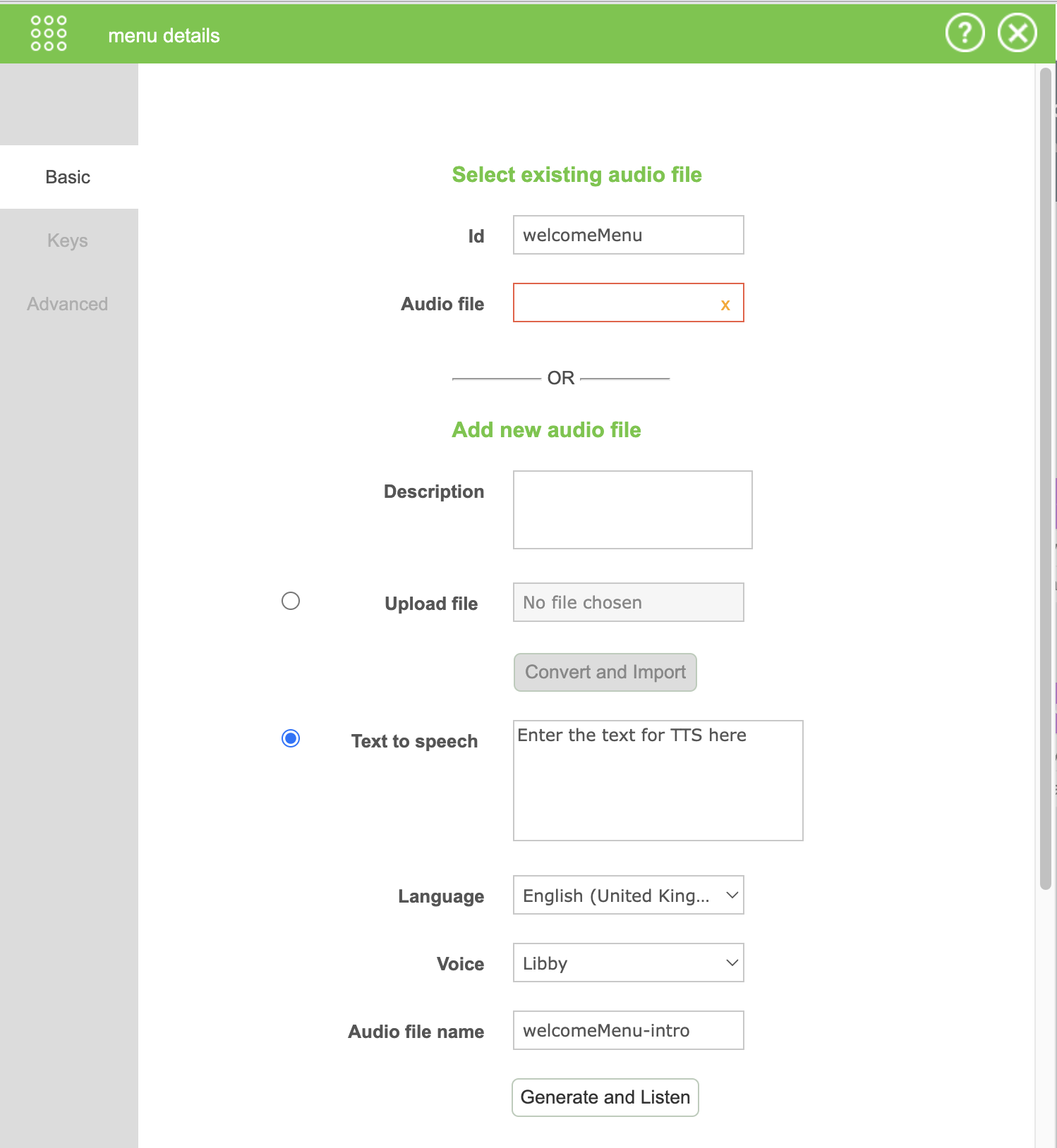 Screenshot of a Call Flow Tool (CFT) module - Menu, where Text to speech can be used to create an audio file