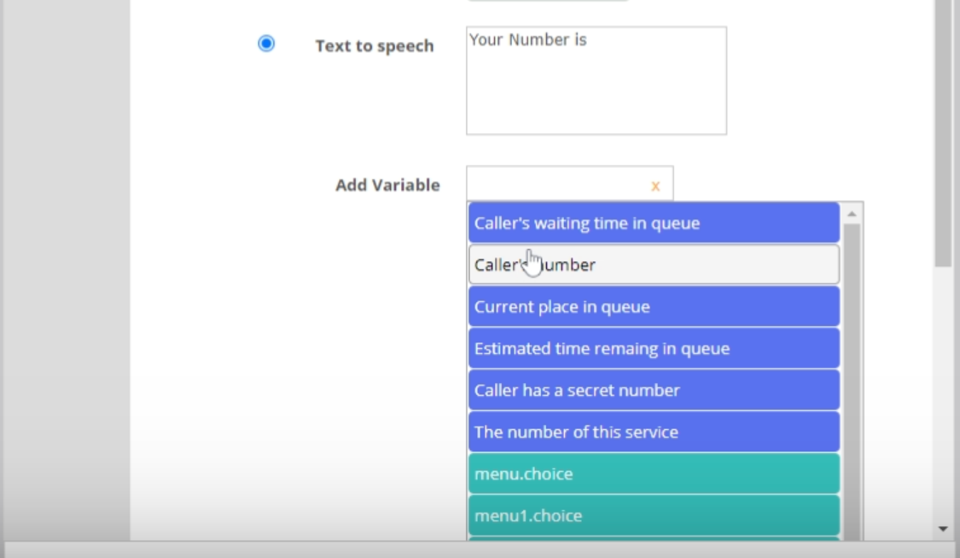 Screenshot of a Call Flow Tool (CFT) module - Audio, with an example of a selection of variables for dynamic audio file creation