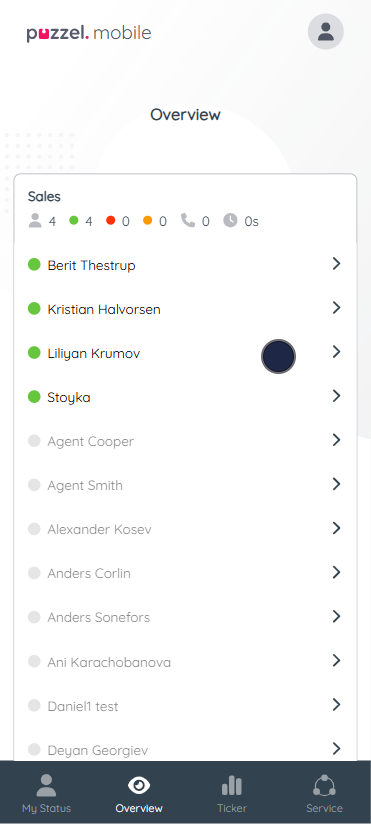 Tap on agent’s name to modify his status/profile