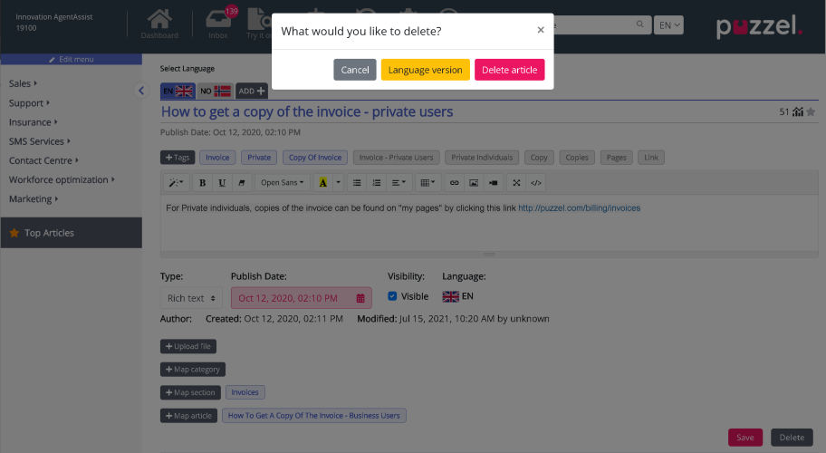 multi-language article delete