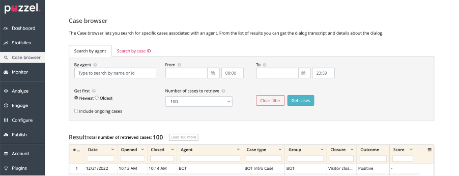 View of the case browser in Puzzel Digital Engagement